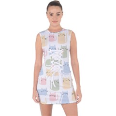 Cute-cat-colorful-cartoon-doodle-seamless-pattern Lace Up Front Bodycon Dress by Salman4z