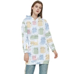 Cute-cat-colorful-cartoon-doodle-seamless-pattern Women s Long Oversized Pullover Hoodie by Salman4z