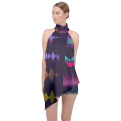 Colorful-sound-wave-set Halter Asymmetric Satin Top by Salman4z