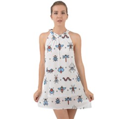 Insects-icons-square-seamless-pattern Halter Tie Back Chiffon Dress by Salman4z