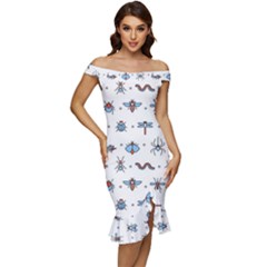 Insects-icons-square-seamless-pattern Off Shoulder Ruffle Split Hem Bodycon Dress by Salman4z