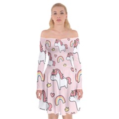 Cute-unicorn-rainbow-seamless-pattern-background Off Shoulder Skater Dress by Salman4z