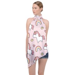 Cute-unicorn-rainbow-seamless-pattern-background Halter Asymmetric Satin Top by Salman4z