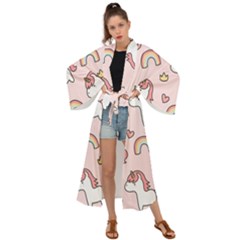 Cute-unicorn-rainbow-seamless-pattern-background Maxi Kimono by Salman4z