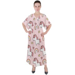 Cute-unicorn-rainbow-seamless-pattern-background V-neck Boho Style Maxi Dress by Salman4z