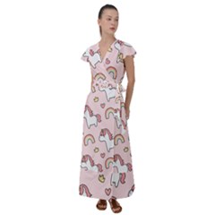 Cute-unicorn-rainbow-seamless-pattern-background Flutter Sleeve Maxi Dress by Salman4z