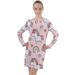 Cute-unicorn-rainbow-seamless-pattern-background Long Sleeve Hoodie Dress