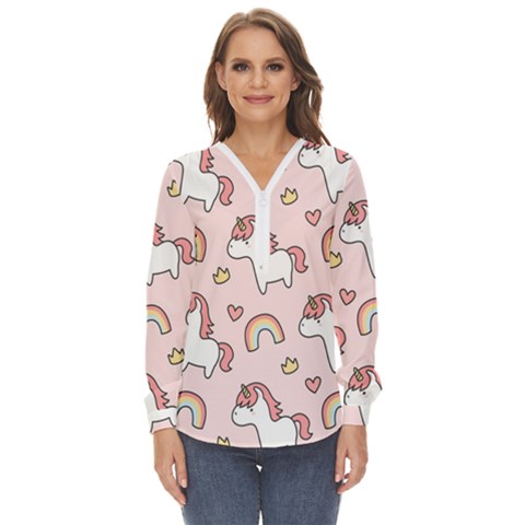 Cute-unicorn-rainbow-seamless-pattern-background Zip Up Long Sleeve Blouse by Salman4z