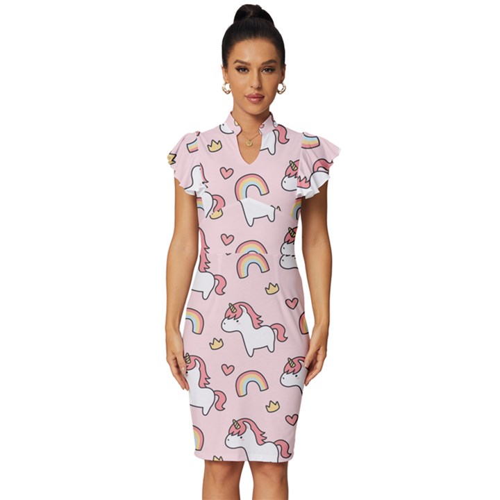 Cute-unicorn-rainbow-seamless-pattern-background Vintage Frill Sleeve V-Neck Bodycon Dress