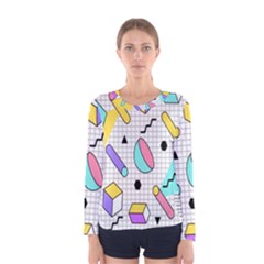 Tridimensional-pastel-shapes-background-memphis-style Women s Long Sleeve Tee