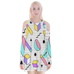 Tridimensional-pastel-shapes-background-memphis-style Velvet Long Sleeve Shoulder Cutout Dress