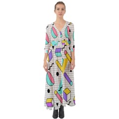 Tridimensional-pastel-shapes-background-memphis-style Button Up Boho Maxi Dress by Salman4z