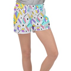 Tridimensional-pastel-shapes-background-memphis-style Women s Velour Lounge Shorts by Salman4z