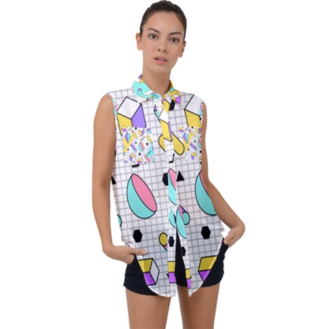 Tridimensional-pastel-shapes-background-memphis-style Sleeveless Chiffon Button Shirt by Salman4z