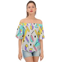 Tridimensional-pastel-shapes-background-memphis-style Off Shoulder Short Sleeve Top by Salman4z