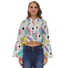 Tridimensional-pastel-shapes-background-memphis-style Boho Long Bell Sleeve Top