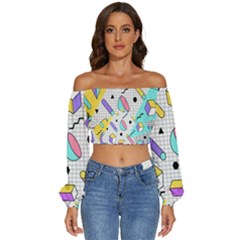 Tridimensional-pastel-shapes-background-memphis-style Long Sleeve Crinkled Weave Crop Top by Salman4z