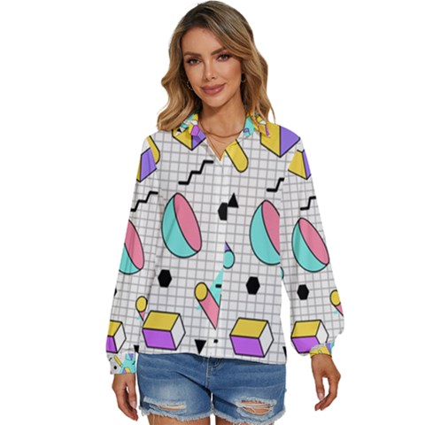 Tridimensional-pastel-shapes-background-memphis-style Women s Long Sleeve Button Up Shirt by Salman4z