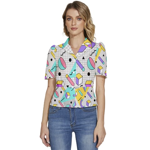 Tridimensional-pastel-shapes-background-memphis-style Puffed Short Sleeve Button Up Jacket by Salman4z