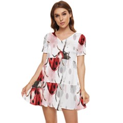 Ladybugs-pattern-texture-watercolor Tiered Short Sleeve Babydoll Dress by Salman4z