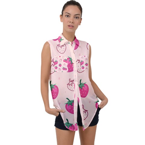 Seamless-strawberry-fruit-pattern-background Sleeveless Chiffon Button Shirt by Salman4z