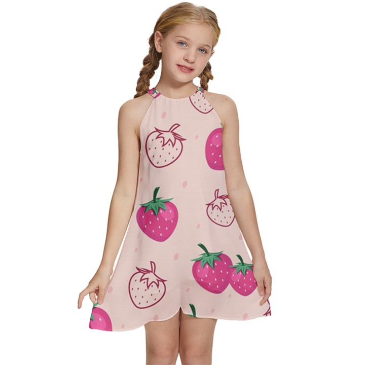 Seamless-strawberry-fruit-pattern-background Kids  Halter Collar Waist Tie Chiffon Dress