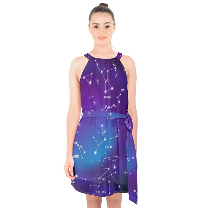 Realistic-night-sky-poster-with-constellations Halter Collar Waist Tie Chiffon Dress