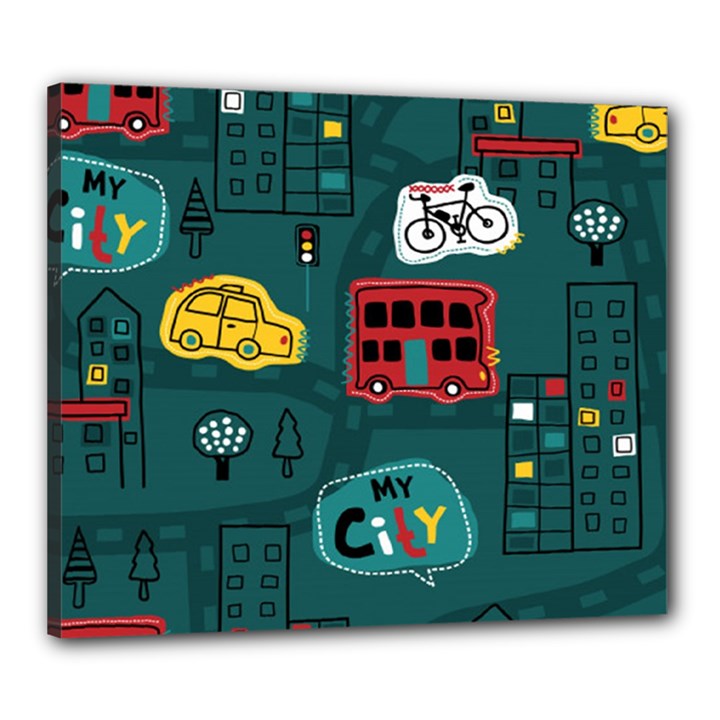 Seamless-pattern-hand-drawn-with-vehicles-buildings-road Canvas 24  x 20  (Stretched)