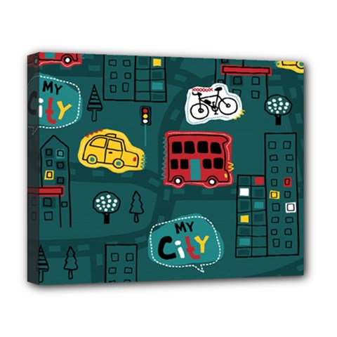 Seamless-pattern-hand-drawn-with-vehicles-buildings-road Deluxe Canvas 20  X 16  (stretched) by Salman4z