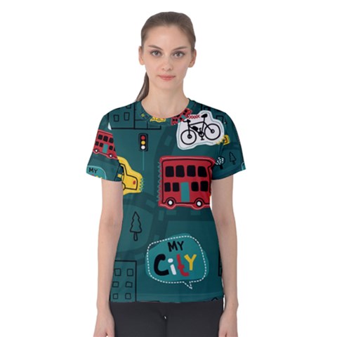 Seamless-pattern-hand-drawn-with-vehicles-buildings-road Women s Cotton Tee by Salman4z