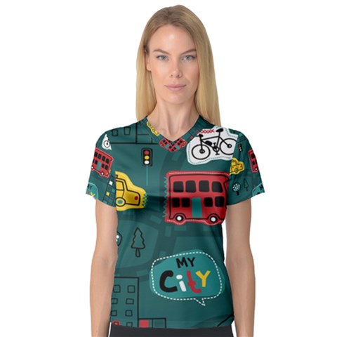 Seamless-pattern-hand-drawn-with-vehicles-buildings-road V-neck Sport Mesh Tee by Salman4z