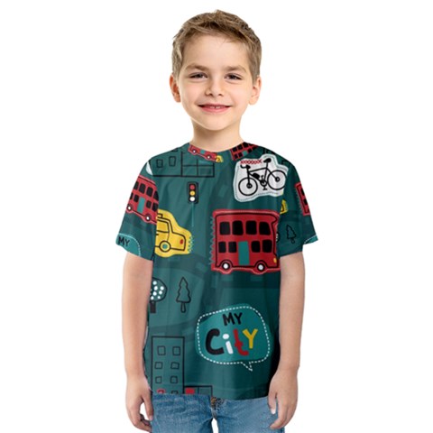 Seamless-pattern-hand-drawn-with-vehicles-buildings-road Kids  Sport Mesh Tee by Salman4z