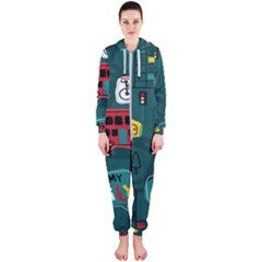 Seamless-pattern-hand-drawn-with-vehicles-buildings-road Hooded Jumpsuit (ladies)