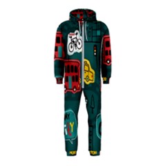 Seamless-pattern-hand-drawn-with-vehicles-buildings-road Hooded Jumpsuit (kids)