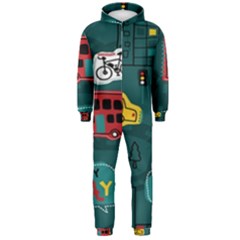 Seamless-pattern-hand-drawn-with-vehicles-buildings-road Hooded Jumpsuit (men)