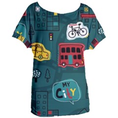 Seamless-pattern-hand-drawn-with-vehicles-buildings-road Women s Oversized Tee by Salman4z