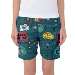 Seamless-pattern-hand-drawn-with-vehicles-buildings-road Women s Basketball Shorts by Salman4z