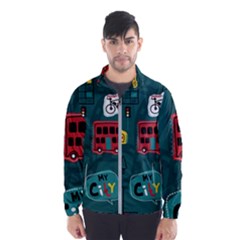 Seamless-pattern-hand-drawn-with-vehicles-buildings-road Men s Windbreaker