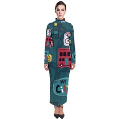 Seamless-pattern-hand-drawn-with-vehicles-buildings-road Turtleneck Maxi Dress by Salman4z