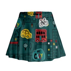 Seamless-pattern-hand-drawn-with-vehicles-buildings-road Mini Flare Skirt by Salman4z