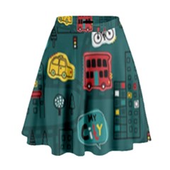 Seamless-pattern-hand-drawn-with-vehicles-buildings-road High Waist Skirt by Salman4z