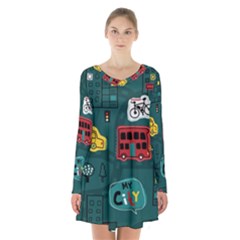 Seamless-pattern-hand-drawn-with-vehicles-buildings-road Long Sleeve Velvet V-neck Dress