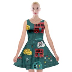 Seamless-pattern-hand-drawn-with-vehicles-buildings-road Velvet Skater Dress