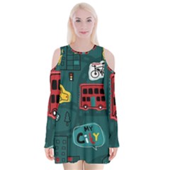 Seamless-pattern-hand-drawn-with-vehicles-buildings-road Velvet Long Sleeve Shoulder Cutout Dress