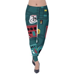 Seamless-pattern-hand-drawn-with-vehicles-buildings-road Velvet Leggings