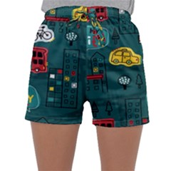 Seamless-pattern-hand-drawn-with-vehicles-buildings-road Sleepwear Shorts by Salman4z