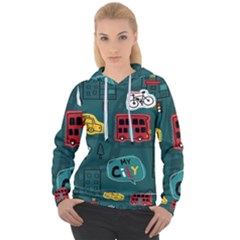 Seamless-pattern-hand-drawn-with-vehicles-buildings-road Women s Overhead Hoodie