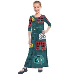 Seamless-pattern-hand-drawn-with-vehicles-buildings-road Kids  Quarter Sleeve Maxi Dress by Salman4z