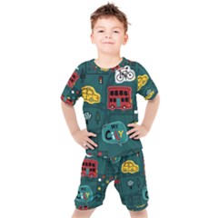 Seamless-pattern-hand-drawn-with-vehicles-buildings-road Kids  Tee And Shorts Set by Salman4z