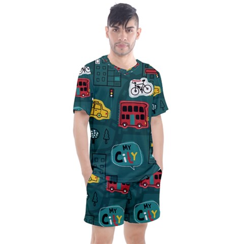 Seamless-pattern-hand-drawn-with-vehicles-buildings-road Men s Mesh Tee And Shorts Set by Salman4z